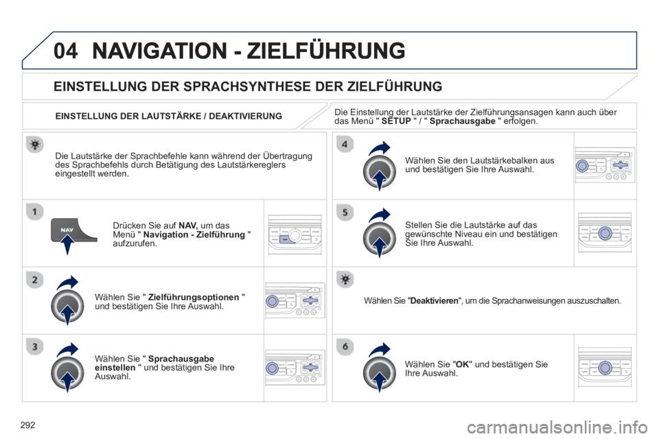 PEUGEOT 5008 2013 Betriebsanleitungen (in German) 292
04
Drücken Sie auf NAV,um das Menü " Navigation - Zielführung
" aufzurufen.
EINSTELLUNG DER SPRACHSYNTHESE DER ZIELFÜHRUNG
Wählen Sie " Zielführungsoptionen
" und bestätigen Sie Ihr PEUGEOT 5008 2013 Betriebsanleitungen (in German) 292
04
Drücken Sie auf NAV,um das Menü " Navigation - Zielführung
" aufzurufen.
EINSTELLUNG DER SPRACHSYNTHESE DER ZIELFÜHRUNG
Wählen Sie " Zielführungsoptionen
" und bestätigen Sie Ihr