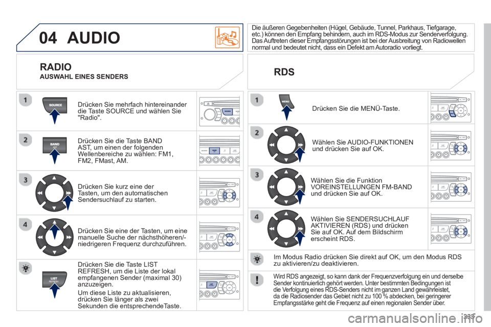 PEUGEOT 5008 2013  Betriebsanleitungen (in German) 333
04  AUDIO 
 
Drücken Sie mehrfach hintereinander 
die Taste SOURCE und wählen Sie"Radio".  
   
Drücken 
Sie die Taste BANDAST, um einen der folgenden 
Wellenbereiche zu wählen: FM1,FM2, FMast