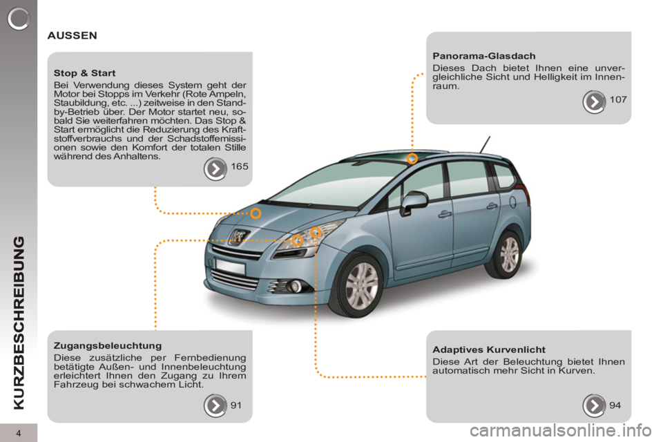 PEUGEOT 5008 2013  Betriebsanleitungen (in German) K
U
R
4
  AUSSEN
 
 
Zugangsbeleuchtung 
  Diese zusätzliche per Fernbedienung 
betätigte Außen- und Innenbeleuchtung 
erleichtert Ihnen den Zugang zu Ihrem 
Fahrzeug bei schwachem Licht. 
  91  
 