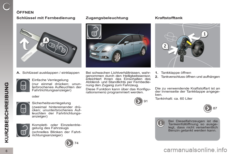 PEUGEOT 5008 2013  Betriebsanleitungen (in German) K
U
R
6
  ÖFFNEN
   
Schlüssel mit Fernbedienun
g
 
 
 
A. 
  Schlüssel ausklappen / einklappen  
  Einfache Verriegelung  
(nur einmal drücken; unun-
terbrochenes Aufleuchten  der 
Fahrtrichtungs