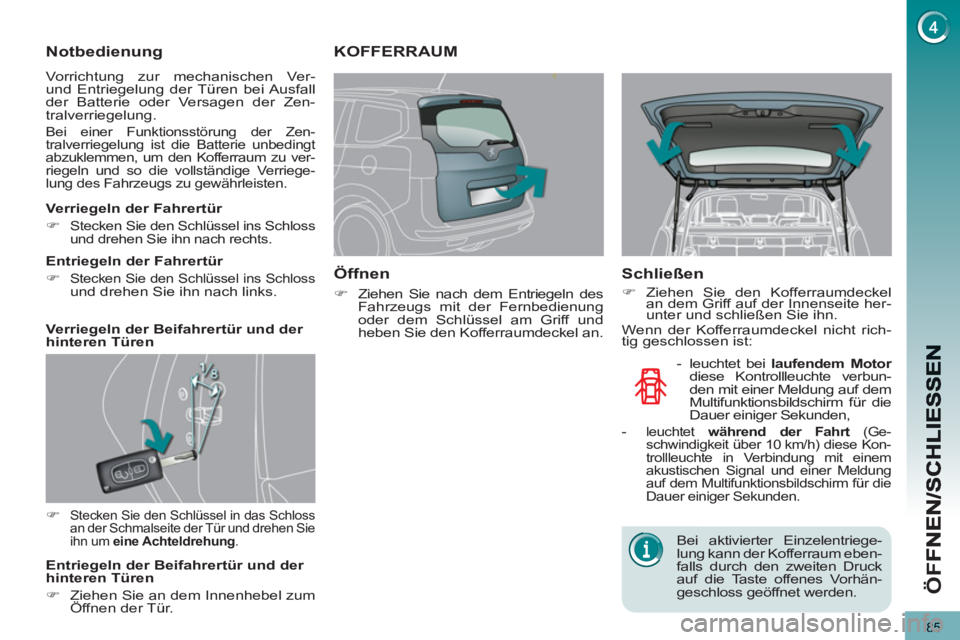 PEUGEOT 5008 2013  Betriebsanleitungen (in German) ÖF
F
85
Notbedienung
  Vorrichtung zur mechanischen Ver- 
und Entriegelung der Türen bei Ausfall 
der Batterie oder Versagen der Zen-
tralverriegelung. 
  Bei einer Funktionsstörung der Zen-
tralve