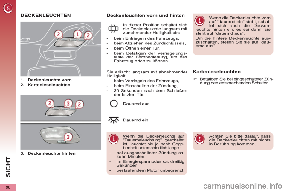 PEUGEOT 5008 2013  Betriebsanleitungen (in German) SI
C
98
DECKENLEUCHTEN 
   
 
 
1. 
  Deckenleuchte vorn 
 
   
2. 
  Kartenleseleuchten 
 
Deckenleuchten vorn und hinten
 
In dieser Position schaltet sich 
die Deckenleuchte langsam mit 
zunehmende