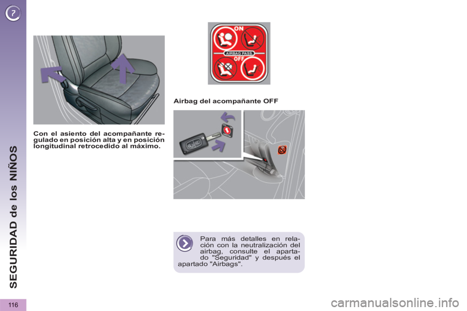 PEUGEOT 5008 2013  Manual del propietario (in Spanish) SEGURIDAD de los NIÑOS
116
   
 
 
 
 
 
Airbag del acompañante OFF  
   
Para más detalles en rela-
ción con la neutralización del 
airbag, consulte el aparta-
do "Seguridad" y después el 
apar