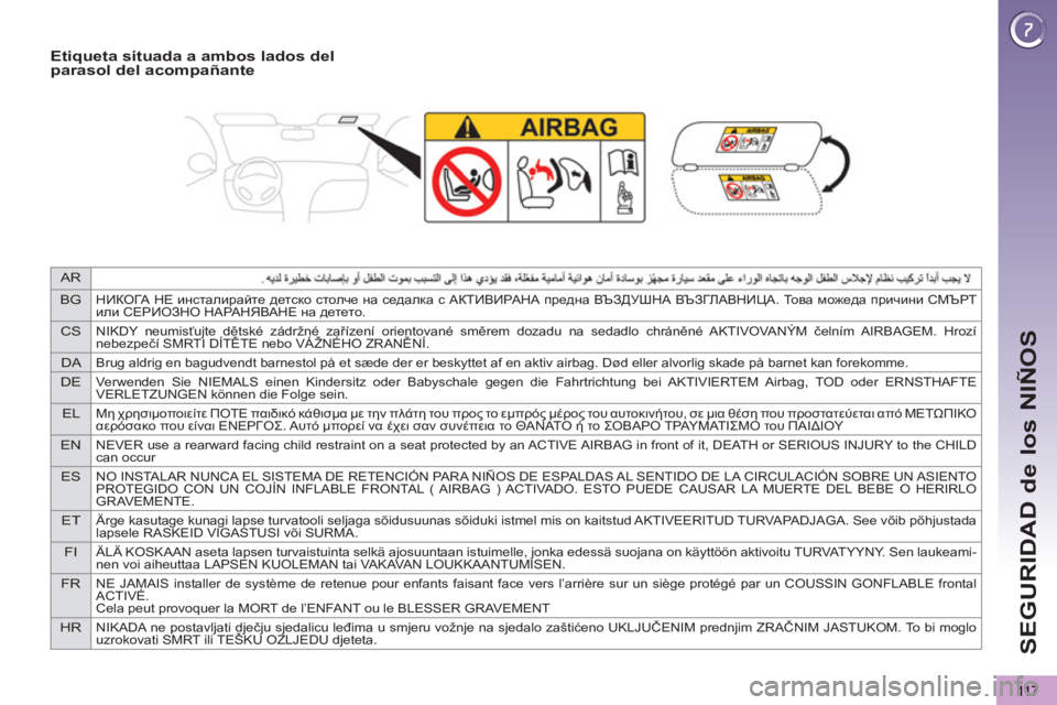 PEUGEOT 5008 2013  Manual del propietario (in Spanish) AR
BG
НИКОГА НЕ инсталирайте детско столче на седалка с АКТИВИРАНА предна ВЪЗДУШНА ВЪЗГЛАВНИЦА. То в а можеда п