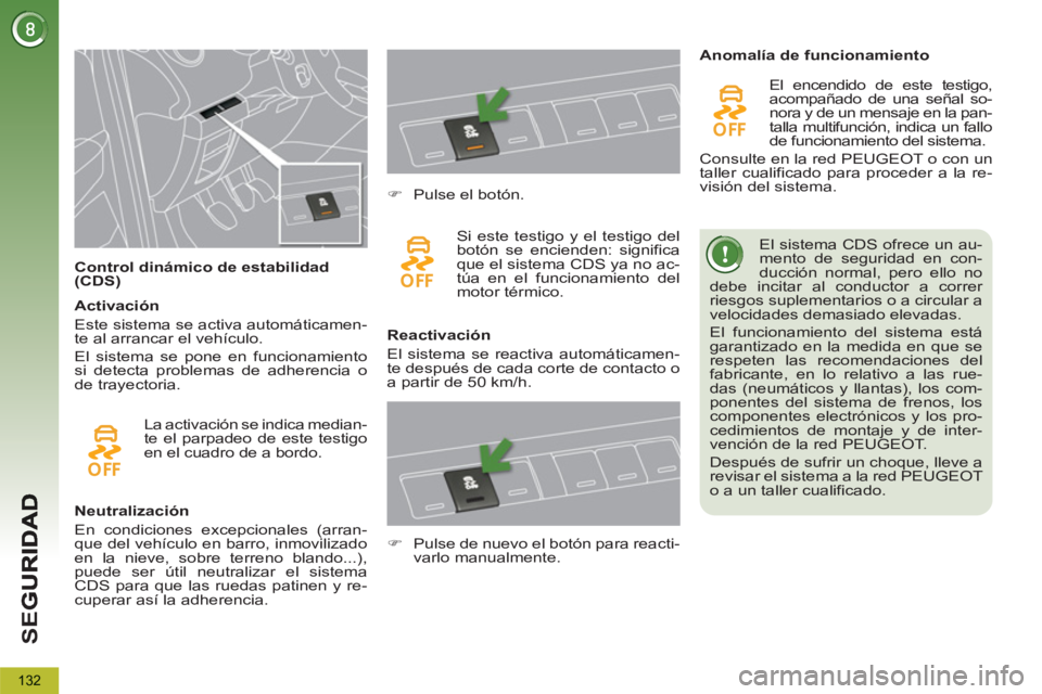 PEUGEOT 5008 2013  Manual del propietario (in Spanish) SE
G
132
   
 
 
 
 
 
Control dinámico de estabilidad 
(CDS)    El sistema CDS ofrece un au-
mento de seguridad en con-
ducción normal, pero ello no 
debe incitar al conductor a correr 
riesgos sup