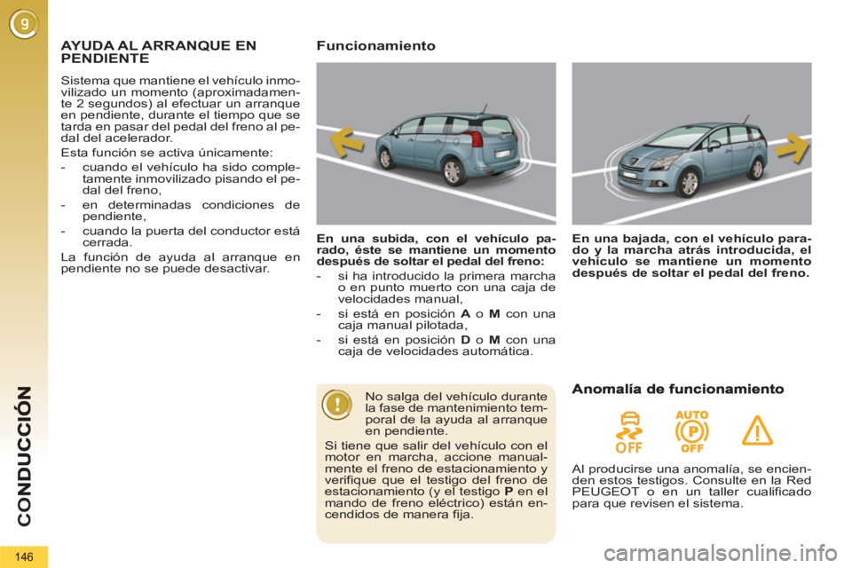PEUGEOT 5008 2013  Manual del propietario (in Spanish) CO
146
AYUDA AL ARRANQUE EN PENDIENTE
  Sistema que mantiene el vehículo inmo-
vilizado un momento (aproximadamen-
te 2 segundos) al efectuar un arranque 
en pendiente, durante el tiempo que se 
tard
