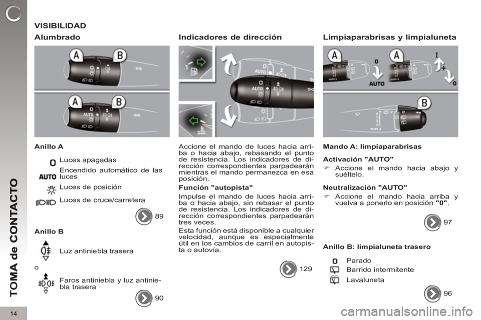 PEUGEOT 5008 2013 Manual del propietario (in Spanish) TO
M
14
VISIBILIDAD
Alumbrado
Anillo A
Luces apagadas
Anillo B Luces de posición
Luces de cruce/carretera
Luz antiniebla trasera
o
Faros antiniebla y luz antinie-
bla PEUGEOT 5008 2013 Manual del propietario (in Spanish) TO
M
14
VISIBILIDAD
Alumbrado
Anillo A
Luces apagadas
Anillo B Luces de posición
Luces de cruce/carretera
Luz antiniebla trasera
o
Faros antiniebla y luz antinie-
bla
