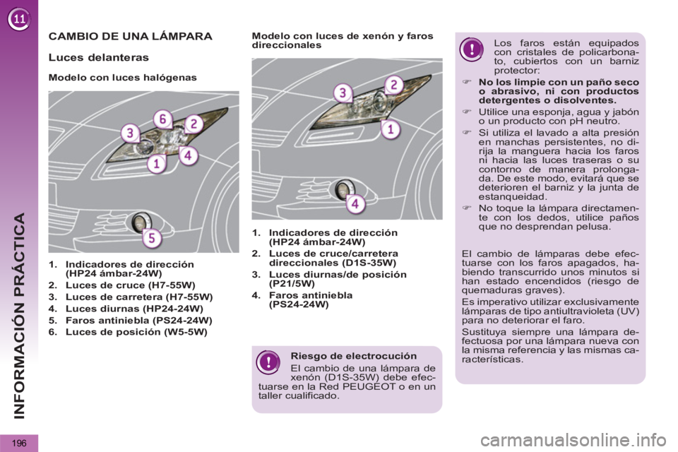 PEUGEOT 5008 2013  Manual del propietario (in Spanish) INFORMACIÓN PRÁCTICA
196
   
Riesgo de electrocución 
  El cambio de una lámpara de 
xenón (D1S-35W) debe efec-
tuarse en la Red PEUGEOT o en un 
taller cualificado.  
 
CAMBIO DE UNA LÁMPARA 
 
