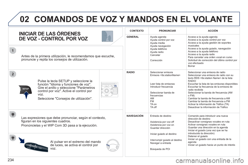 PEUGEOT 5008 2013 Manual del propietario (in Spanish) 234
02
SETUP2ABC3DEF5JKL4GHI6MNO8TUV7PQRS9WXYZ0*#
1NAV TRAFFICADDR
BOOKSETUP
Antes de la primera utilización, le recomendamos que escuche, pronuncie y repita los consejos de utilización.
Pulse PEUGEOT 5008 2013 Manual del propietario (in Spanish) 234
02
SETUP2ABC3DEF5JKL4GHI6MNO8TUV7PQRS9WXYZ0*#
1NAV TRAFFICADDR
BOOKSETUP
Antes de la primera utilización, le recomendamos que escuche, pronuncie y repita los consejos de utilización.
Pulse