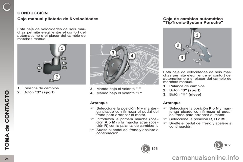 PEUGEOT 5008 2013  Manual del propietario (in Spanish) TO
M
24
  158  
 
 
CONDUCCIÓN 
   
Ca
ja manual pilotada de 6 velocidades 
 
 
Esta caja de velocidades de seis mar-
chas permite elegir entre el confort del 
automatismo o el placer del cambio de 
