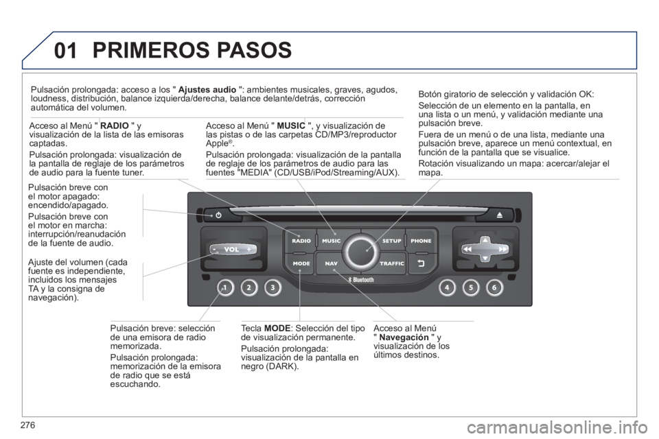 PEUGEOT 5008 2013 Manual del propietario (in Spanish) 276
01 PRIMEROS PASOS
Acceso al Menú
" Navegación" y
vi
sualización de los últimos destinos. P
ulsación breve con el motor apagado:encendido/apagado.
P
ulsación breve con el motor en m PEUGEOT 5008 2013 Manual del propietario (in Spanish) 276
01 PRIMEROS PASOS
Acceso al Menú
" Navegación" y
vi
sualización de los últimos destinos. P
ulsación breve con el motor apagado:encendido/apagado.
P
ulsación breve con el motor en m