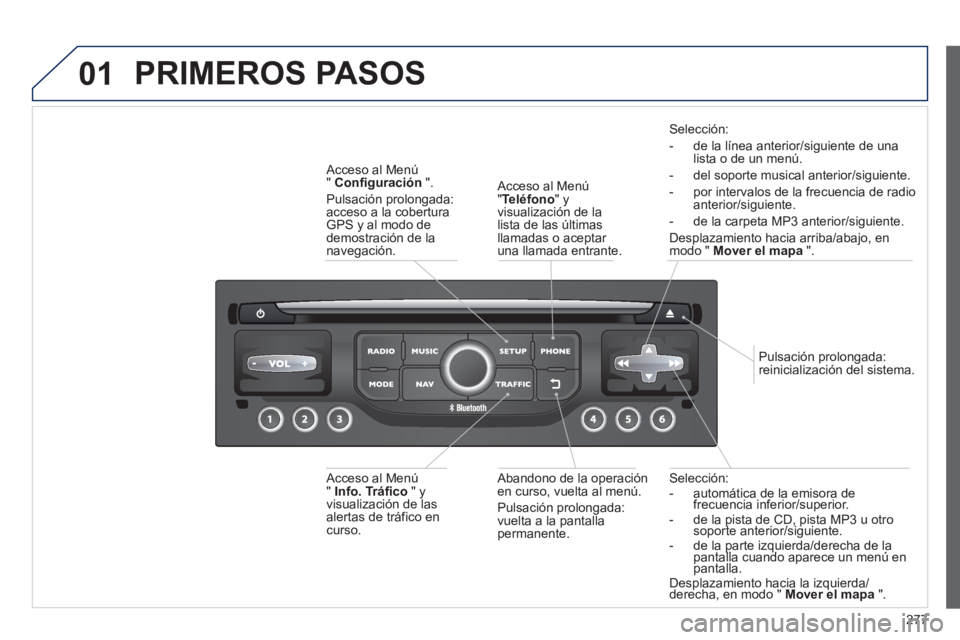 PEUGEOT 5008 2013 Manual del propietario (in Spanish) 277
01
Selección:
- automática de la emisora de frecuencia inferior/superior. - de la pista de CD, pista MP3 u otro soporte anterior/siguiente.pppp
- de la parte izquierda/derecha de la pantal PEUGEOT 5008 2013 Manual del propietario (in Spanish) 277
01
Selección:
- automática de la emisora de frecuencia inferior/superior. - de la pista de CD, pista MP3 u otro soporte anterior/siguiente.pppp
- de la parte izquierda/derecha de la pantal