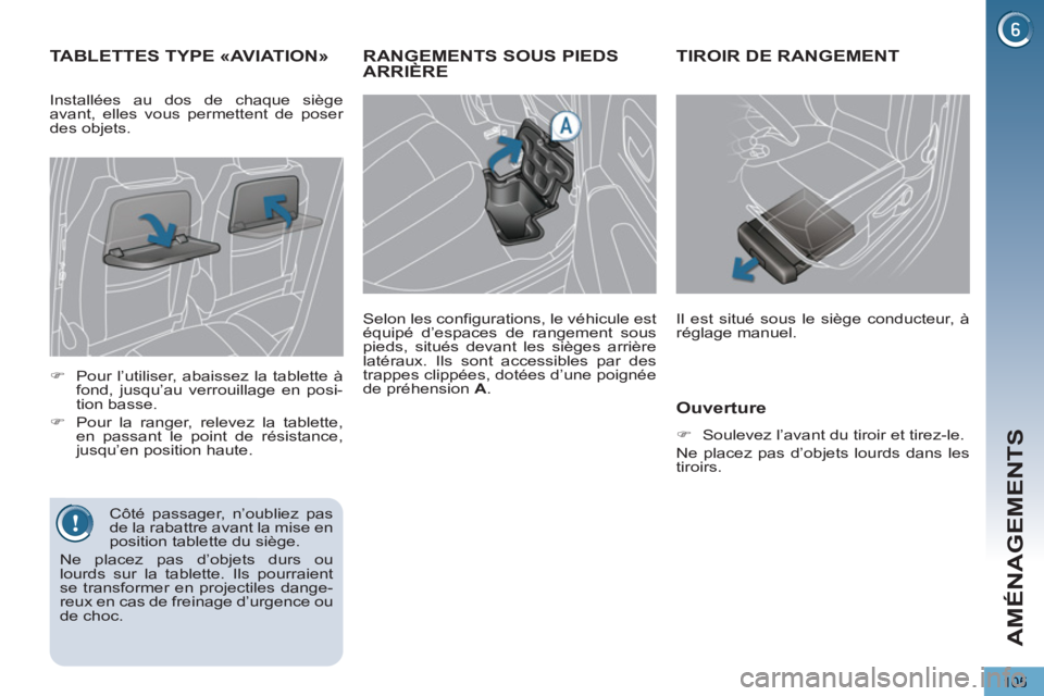 PEUGEOT 5008 2013  Manuel du propriétaire (in French) AMÉNAGEMENTS
105
RANGEMENTS SOUS PIEDS
ARRIÈRE 
   
Selon les configurations, le véhicule est 
équipé d’espaces de rangement sous 
pieds, situés devant les sièges arrière 
latéraux. Ils son