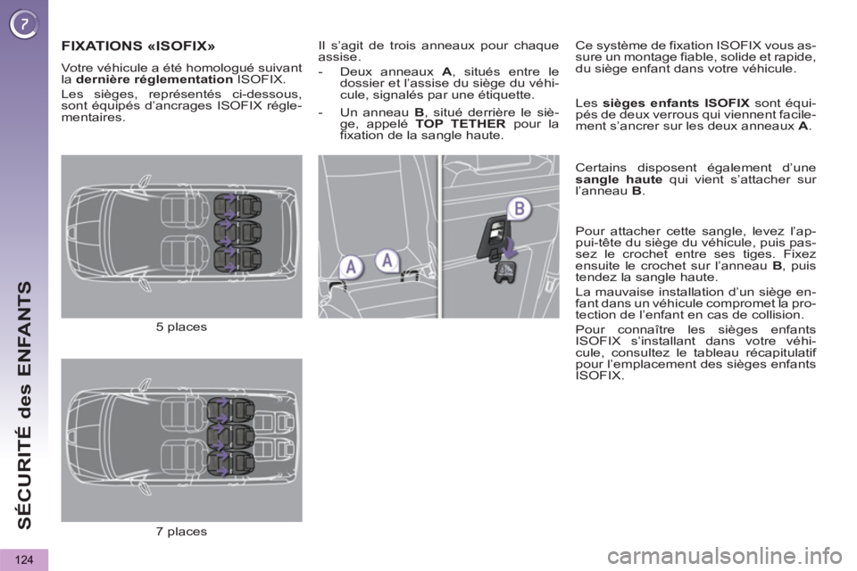 PEUGEOT 5008 2013  Manuel du propriétaire (in French) SÉCURITÉ des ENFANTS
124
FIXATIONS «ISOFIX»   
 
Il s’agit de trois anneaux pour chaque 
assise. 
   
 
-   Deux anneaux  A 
, situés entre le 
dossier et l’assise du siège du véhi-
cule, s