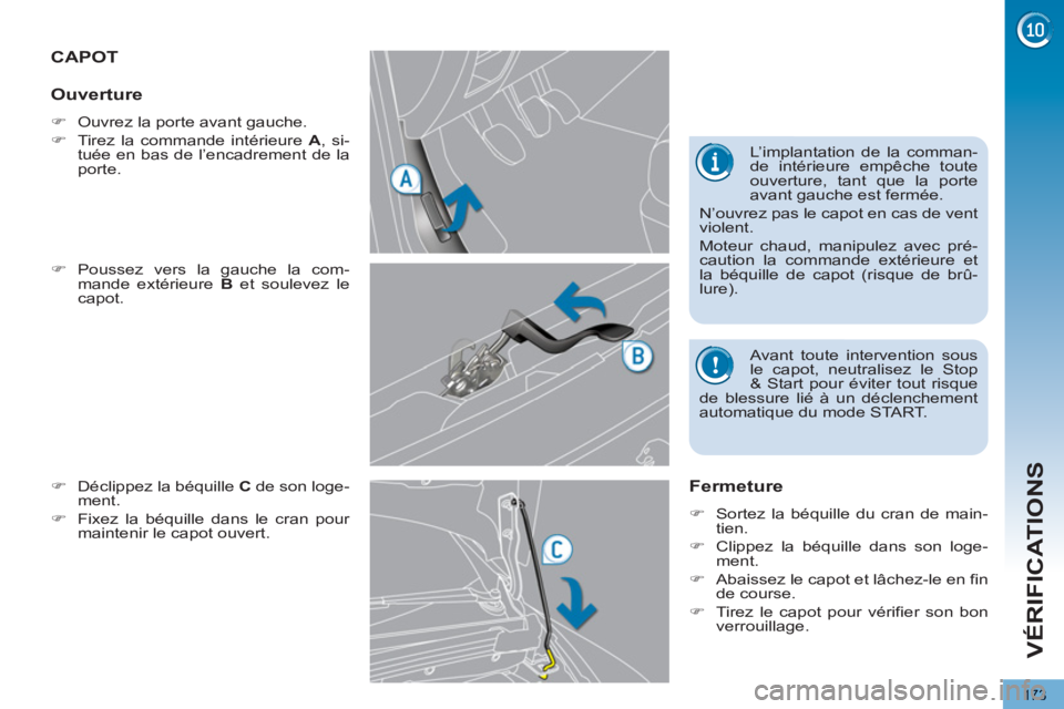 PEUGEOT 5008 2013  Manuel du propriétaire (in French) VÉRIFICATIONS
173
CAPOT 
   
�) 
 Poussez vers la gauche la com-
mande extérieure  B 
 et soulevez le 
capot. 
   
�) 
  Déclippez la béquille  C 
 de son loge-
ment. 
   
�) 
  Fixez la béquille
