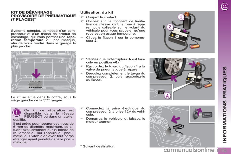 PEUGEOT 5008 2013  Manuel du propriétaire (in French) INFORMATIONS PRATIQUES
187
KIT DE DÉPANNAGE PROVISOIRE DE PNEUMATIQUE 
  Le kit se situe dans le coffre, sous le 
siège gauche de la 3 ème   rangée. 
 
 
Utilisation du kit 
 
 
*   
Suivant desti
