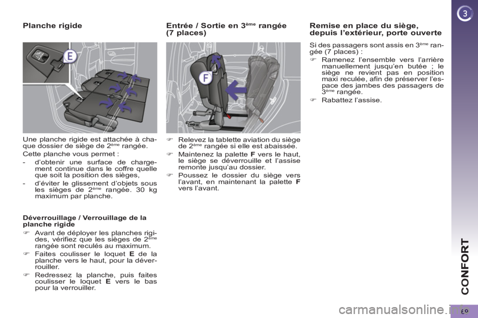 PEUGEOT 5008 2013 Manuel du propriétaire (in French) CO
69
Planche rigide
Une planche rigide est attachée à cha-
que dossier de siège de 2 ème rangée.
Cette planche vous permet :
- d’obtenir une surface de charge-
ment continue da PEUGEOT 5008 2013 Manuel du propriétaire (in French) CO
69
Planche rigide
Une planche rigide est attachée à cha-
que dossier de siège de 2 ème rangée.
Cette planche vous permet :
- d’obtenir une surface de charge-
ment continue da