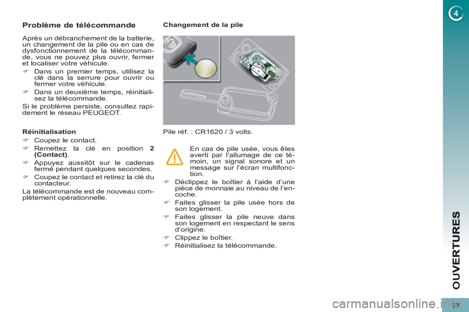 PEUGEOT 5008 2013  Manuel du propriétaire (in French) OU
77
Problème de télécommande 
  Après un débranchement de la batterie, 
un changement de la pile ou en cas de 
dysfonctionnement de la télécomman-
de, vous ne pouvez plus ouvrir, fermer 
et l