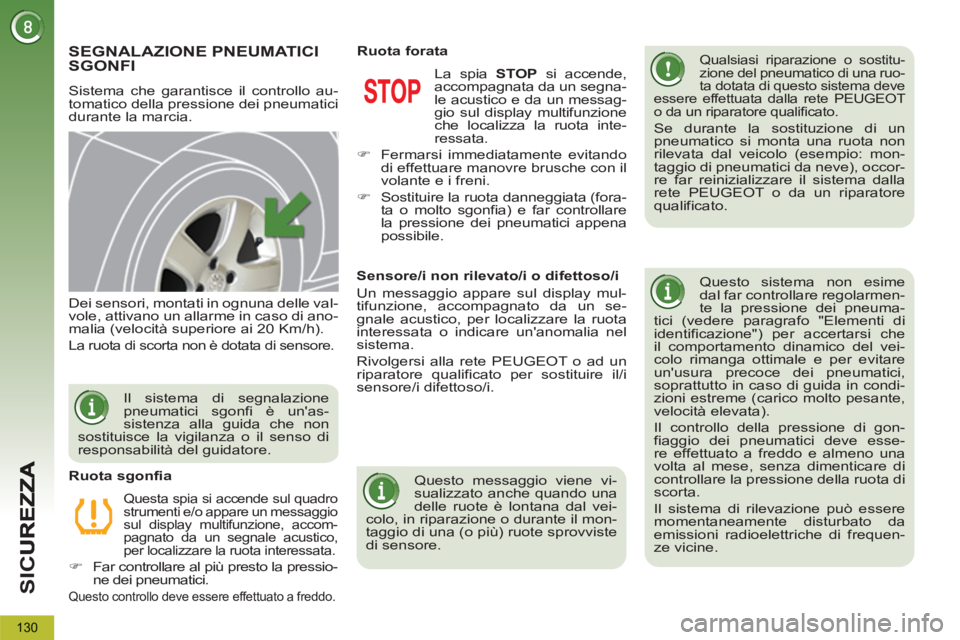 PEUGEOT 5008 2013 Manuale duso (in Italian) SI
C
130
SEGNALAZIONE PNEUMATICI
SGONFI
Sistema che garantisce il controllo au-
tomatico della pressione dei pneumatici
durante la marcia.
Qualsiasi riparazione o sostitu-
zione del pneumatic PEUGEOT 5008 2013 Manuale duso (in Italian) SI
C
130
SEGNALAZIONE PNEUMATICI
SGONFI
Sistema che garantisce il controllo au-
tomatico della pressione dei pneumatici
durante la marcia.
Qualsiasi riparazione o sostitu-
zione del pneumatic