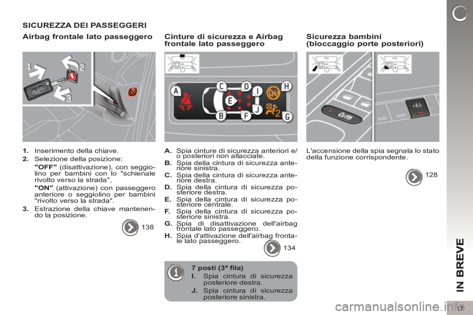 PEUGEOT 5008 2013 Manuale duso (in Italian) IN B
17
SICUREZZA DEI PASSEGGERI
Airbag frontale lato passeggero
1.
Inserimento della chiave.
2.
Selezione della posizione:
"OFF"
(disattivazione), con seggio-
lino per bambini PEUGEOT 5008 2013 Manuale duso (in Italian) IN B
17
SICUREZZA DEI PASSEGGERI
Airbag frontale lato passeggero
1.
Inserimento della chiave.
2.
Selezione della posizione:
"OFF"
(disattivazione), con seggio-
lino per bambini
