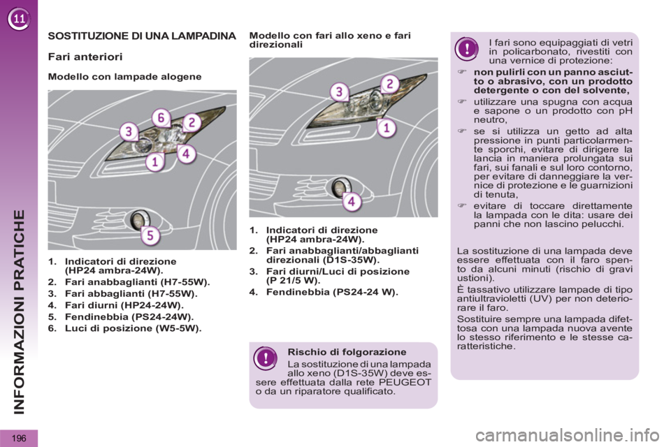 PEUGEOT 5008 2013  Manuale duso (in Italian) INFORMAZIONI PRATICHE
196
   
Rischio di folgorazione 
  La sostituzione di una lampada 
allo xeno (D1S-35W) deve es-
sere effettuata dalla rete PEUGEOT 
o da un riparatore qualificato.  
 
SOSTITUZIO