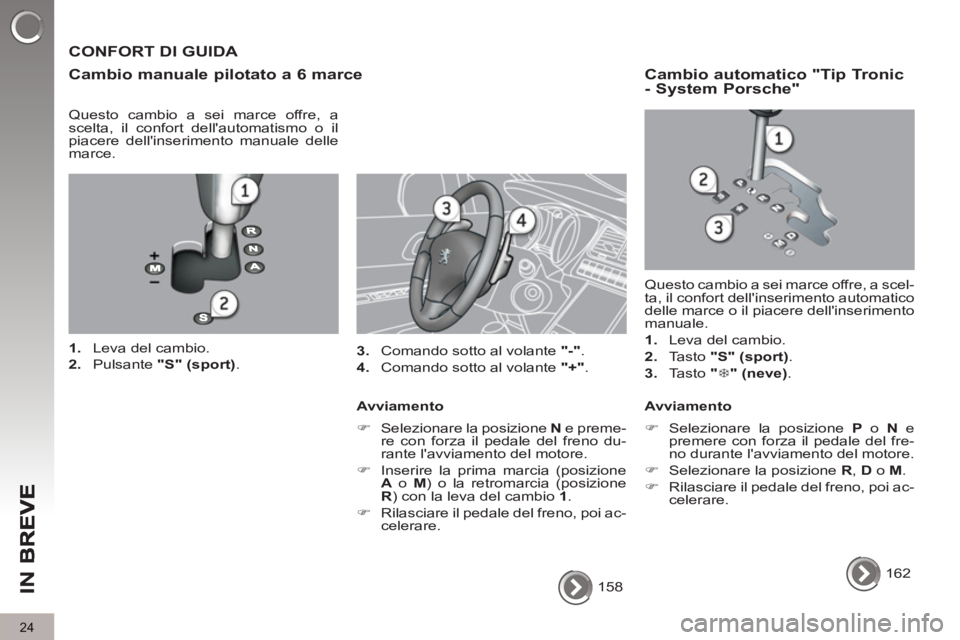 PEUGEOT 5008 2013  Manuale duso (in Italian) IN 
B
24
  158  
 
 
CONFORT DI GUIDA 
   
Cambio manuale 
pilotato a 6 marce
 
 
Questo cambio a sei marce offre, a 
scelta, il confort dellautomatismo o il 
piacere dellinserimento manuale delle 

