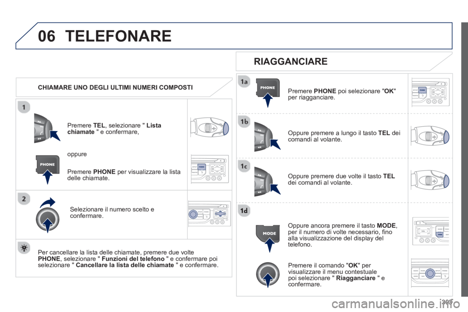PEUGEOT 5008 2013 Manuale duso (in Italian) 303
06TELEFONARE
CHIAMARE UNO DEGLI ULTIMI NUMERI COMPOSTI
Pr
emere TEL, selezionare " Lista chiamate " e confermare,
Selezionare il numero scelto econfermare.
Per cancellare la lista d PEUGEOT 5008 2013 Manuale duso (in Italian) 303
06TELEFONARE
CHIAMARE UNO DEGLI ULTIMI NUMERI COMPOSTI
Pr
emere TEL, selezionare " Lista chiamate " e confermare,
Selezionare il numero scelto econfermare.
Per cancellare la lista d