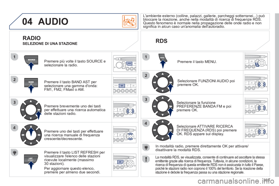 PEUGEOT 5008 2013 Manuale duso (in Italian) 333
04 AUDIO
Premere più volte il tasto SOURCE e selezionare la radio.
Premere il tasto BAND A
ST per selezionare una gamma donda:
FM1, FM2, FMast o AM.
Premere brevemente uno dei tasti PEUGEOT 5008 2013 Manuale duso (in Italian) 333
04 AUDIO
Premere più volte il tasto SOURCE e selezionare la radio.
Premere il tasto BAND A
ST per selezionare una gamma donda:
FM1, FM2, FMast o AM.
Premere brevemente uno dei tasti