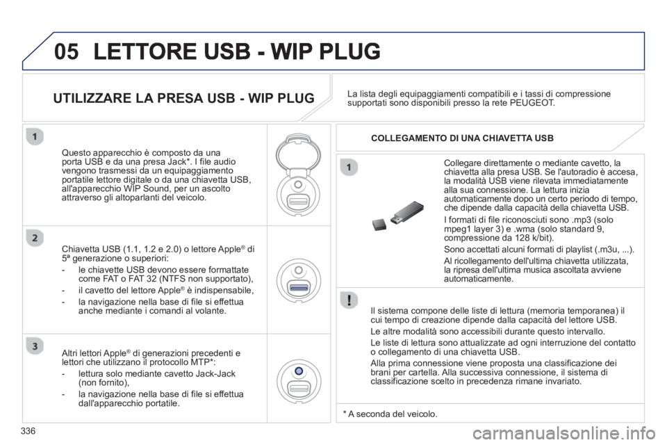 PEUGEOT 5008 2013 Manuale duso (in Italian) 336
05
Il sistema compone delle liste di lettura (memoria temporanea) ilcui tempo di creazione dipende dalla capacità del lettore USB.
Le altre modalità sono accessibili durante questo interv PEUGEOT 5008 2013 Manuale duso (in Italian) 336
05
Il sistema compone delle liste di lettura (memoria temporanea) ilcui tempo di creazione dipende dalla capacità del lettore USB.
Le altre modalità sono accessibili durante questo interv