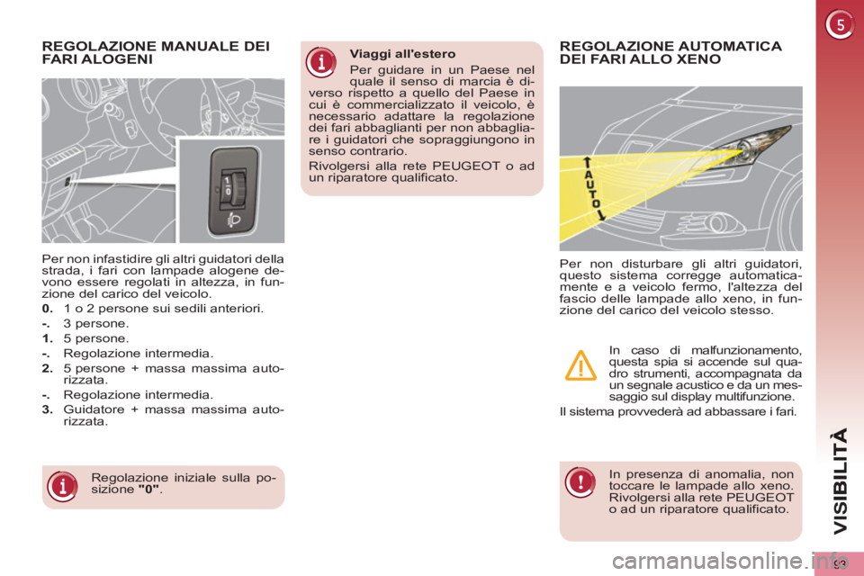 PEUGEOT 5008 2013  Manuale duso (in Italian) VIS
93
REGOLAZIONE MANUALE DEI 
FARI ALOGENI 
  Regolazione iniziale sulla po-
sizione  "0" 
.      
Per non infastidire gli altri guidatori della 
strada, i fari con lampade alogene de-
vono essere r