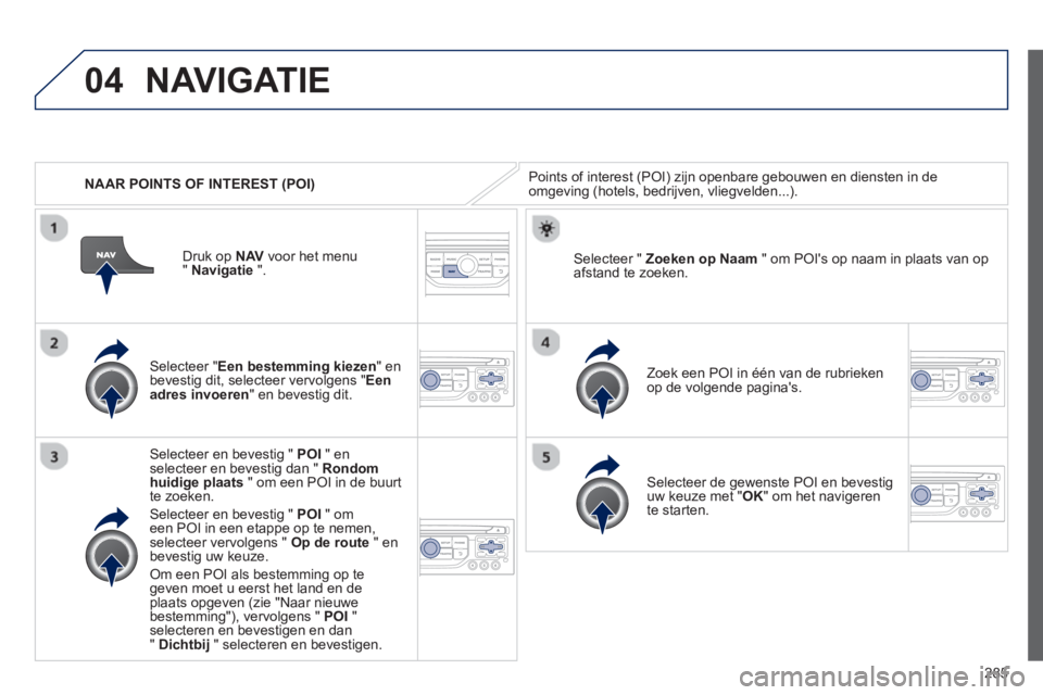 PEUGEOT 5008 2013 Instructieboekje (in Dutch) 285
04
NAAR POINTS OF INTEREST (POI)
NAVIGATIE
Points of interest (POI) zijn openbare gebouwen en diensten in de
omgeving (hotels, bedrijven, vliegvelden...).
Selecteer "Een bestemming kiez PEUGEOT 5008 2013 Instructieboekje (in Dutch) 285
04
NAAR POINTS OF INTEREST (POI)
NAVIGATIE
Points of interest (POI) zijn openbare gebouwen en diensten in de
omgeving (hotels, bedrijven, vliegvelden...).
Selecteer "Een bestemming kiez