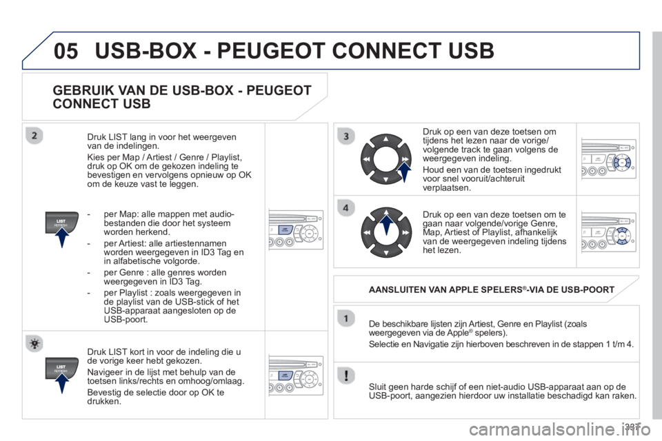 PEUGEOT 5008 2013  Instructieboekje (in Dutch) 337
05
   
GEBRUIK VAN DE USB-BOX - PEUGEOT 
CONNECT USB 
   
Druk LIST kort in voor de indeling die u de vorige keer hebt gekozen. 
  Navi
geer in de lijst met behulp van de 
toetsen links/rechts en 