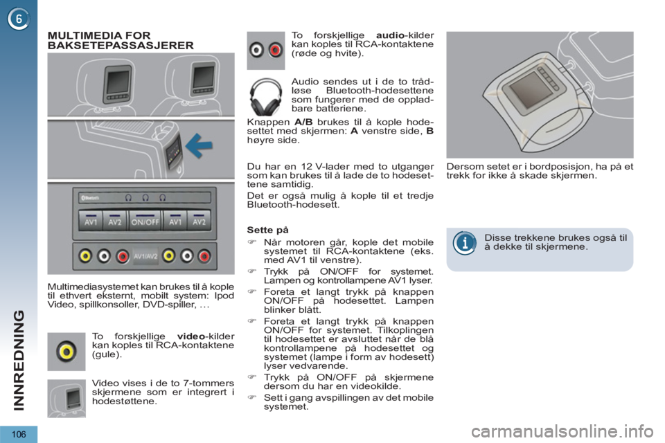 PEUGEOT 5008 2013  Instruksjoner for bruk (in Norwegian) INNREDNING
106
MULTIMEDIA FOR
BAKSETEPASSASJERER
   
Multimediasystemet kan brukes til å kople 
til ethvert eksternt, mobilt system: Ipod 
Video, spillkonsoller, DVD-spiller, …   To forskjellige  a