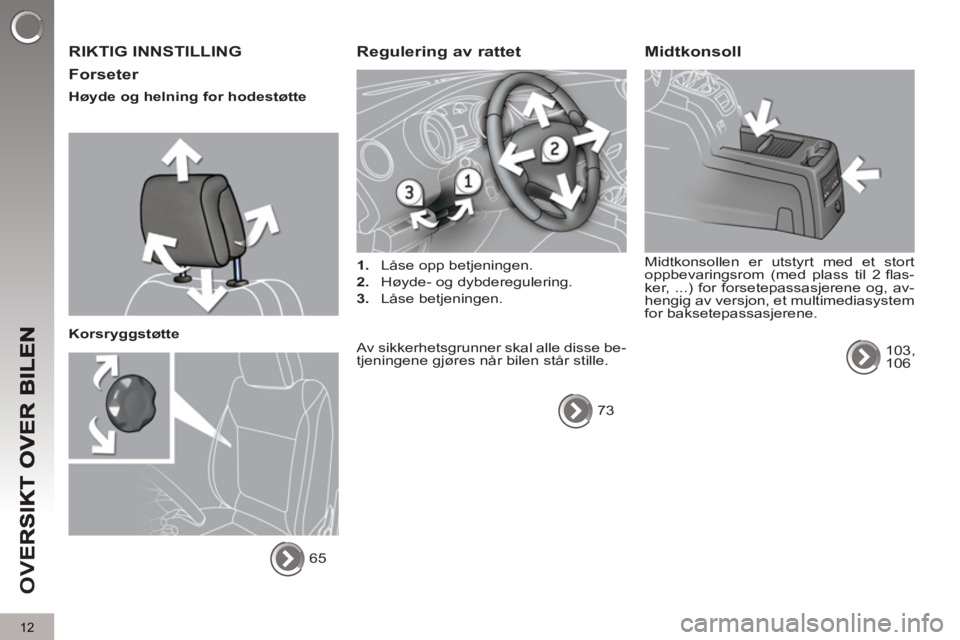 PEUGEOT 5008 2013 Instruksjoner for bruk (in Norwegian) OV
E
12
RIKTIG INNSTILLING
Forseter
Høyde og helning for hodestøtte
Korsryggstøtte
65
Regulering av rattet
1.
Låse opp betjeningen.
2.
Høyde- og dybdereg PEUGEOT 5008 2013 Instruksjoner for bruk (in Norwegian) OV
E
12
RIKTIG INNSTILLING
Forseter
Høyde og helning for hodestøtte
Korsryggstøtte
65
Regulering av rattet
1.
Låse opp betjeningen.
2.
Høyde- og dybdereg