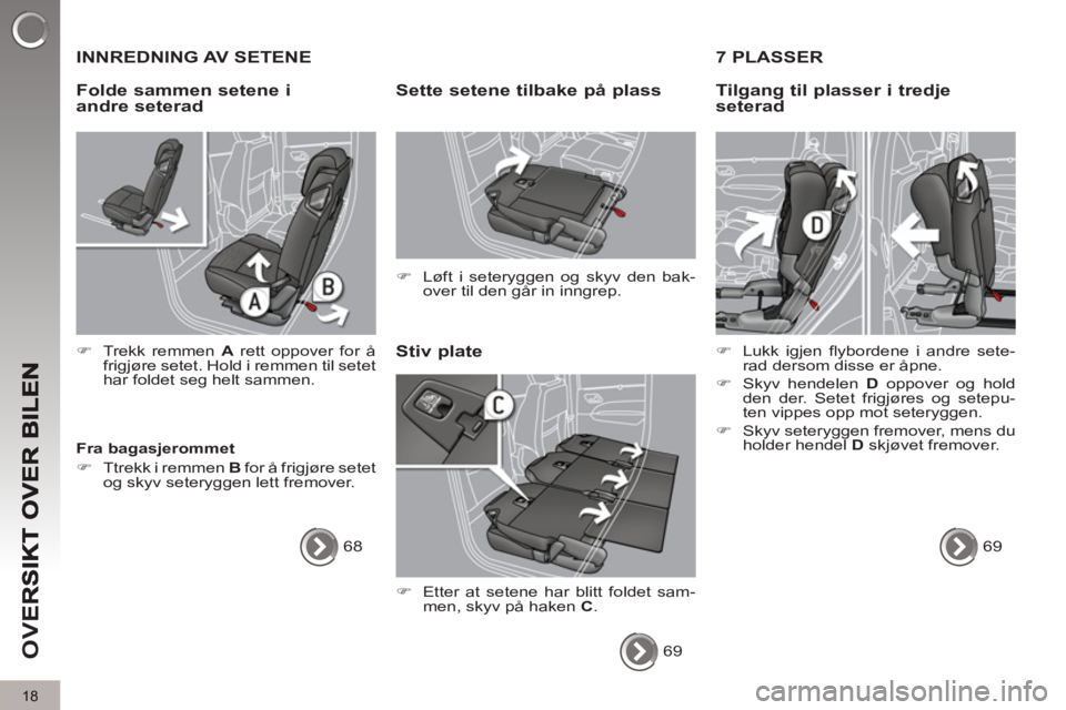 PEUGEOT 5008 2013  Instruksjoner for bruk (in Norwegian) OV
E
18
  INNREDNING AV SETENE 
Stiv 
plate Sette setene tilbake 
på plass 
   
 
�) 
  Løft i seteryggen og skyv den bak-
over til den går in inngrep.  
 
   
Fra bagasjerommet 
   
 
�) 
  Ttrekk