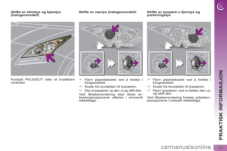 PEUGEOT 5008 2013  Instruksjoner for bruk (in Norwegian) PRAKTISK INFORMASJON
197
   
 
 
 
 
 
 
 
Skifte av lyspære u fjernlys og 
parkeringslys     
 
 
 
 
 
 
Skifte av nærlys (halogenmodell) 
   
 
�) 
  Fjern plastdekselet ved å trekke i 
tungesty