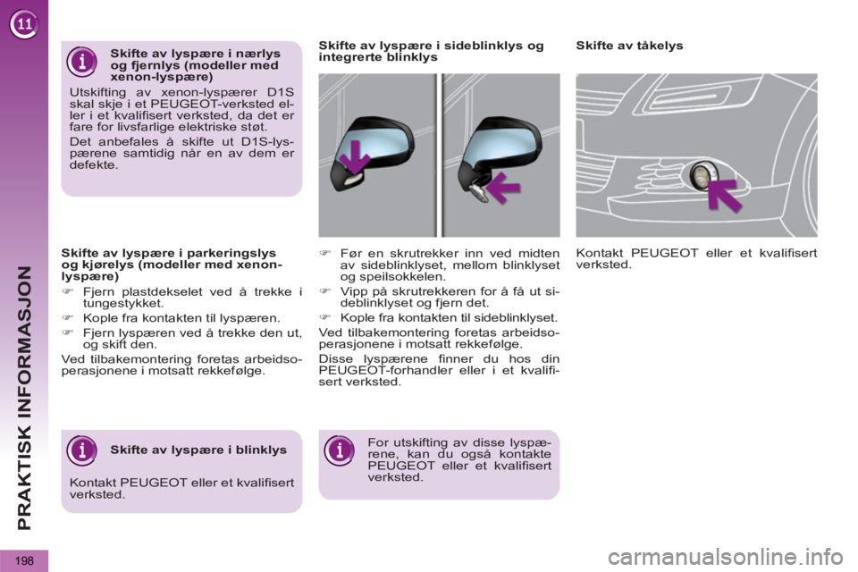 PEUGEOT 5008 2013  Instruksjoner for bruk (in Norwegian) PRAKTISK INFORMASJON
198
   
Skifte av lyspære i parkeringslys 
og kjørelys (modeller med xenon-
lyspære) 
   
 
�) 
  Fjern plastdekselet ved å trekke i 
tungestykket. 
   
�) 
  Kople fra kontak