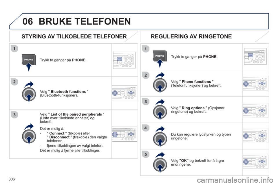 PEUGEOT 5008 2013  Instruksjoner for bruk (in Norwegian) 306
06
Trykk to ganger på PHONE.   
Ve l
g " List of the paired peripherals"(Liste over tilkoblede enheter) og bekreft.
Det er muli
g å: 
-"Connec
t" (tilkoble) eller
"Disconnect   " (frakoble) den 