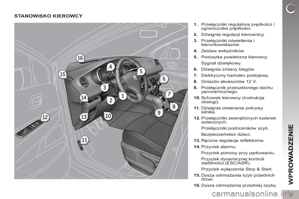 PEUGEOT 5008 2013  Instrukcja obsługi (in Polish) W
P
9
STANOWISKO KIEROWCY 
   
 
1. 
 Przełączniki regulatora prędkości /
ogranicznika prędkości. 
   
2. 
 Dźwignia regulacji kierownicy. 
   
3. 
 Przełączniki oświetlenia i 
kierunkowskaz