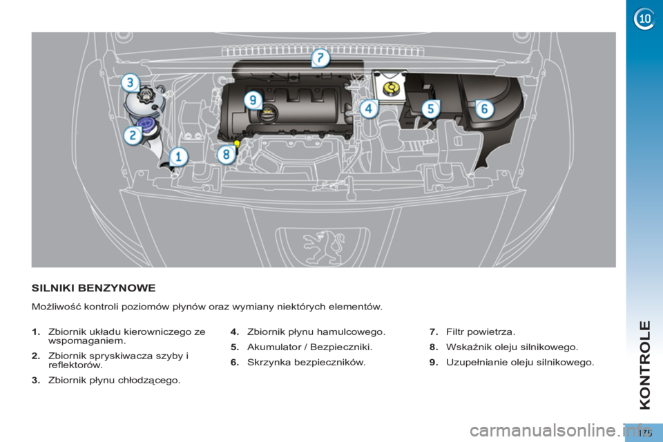 PEUGEOT 5008 2013  Instrukcja obsługi (in Polish) KONTROLE
175
   
 
 
 
 
 
 
 
 
 
 
 
 
 
SILNIKI BENZYNOWE 
 
Możliwość kontroli poziomów płynów oraz wymiany niektórych elementów. 
   
 
1. 
 Zbiornik układu kierowniczego ze 
wspomaganie