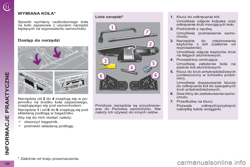 PEUGEOT 5008 2013  Instrukcja obsługi (in Polish) INFORMACJE PRAKTYCZNE
190
   
 
 
 
 
 
 
 
 
 
 
 
 
 
WYMIANA KOŁA *  
 
Narzędzia od  2  
do  4  
znajdują się w po-
jemniku na środku koła zapasowego, 
znajdującego się pod samochodem. 
  