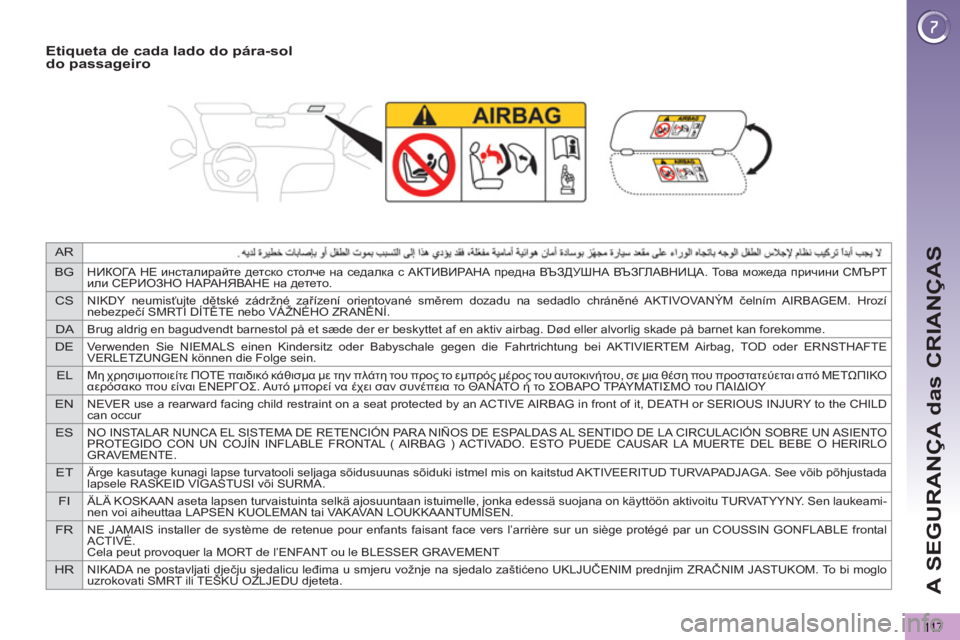 PEUGEOT 5008 2013  Manual de utilização (in Portuguese) AR
BG
НИКОГА НЕ инсталирайте детско столче на седалка с АКТИВИРАНА предна ВЪЗДУШНА ВЪЗГЛАВНИЦА. То в а можеда п