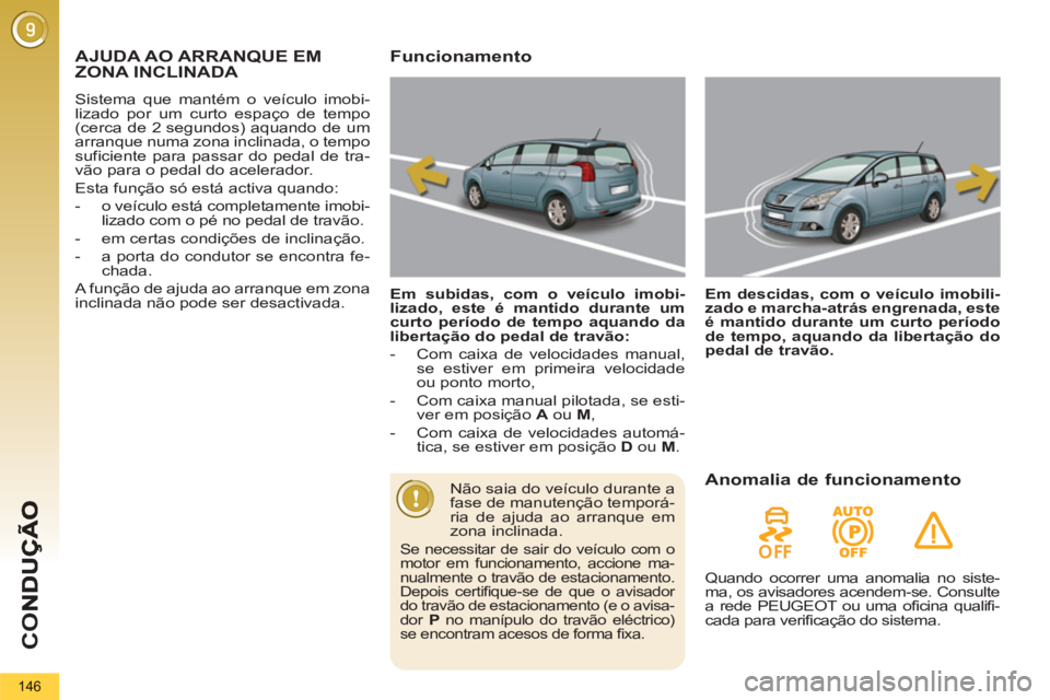 PEUGEOT 5008 2013  Manual de utilização (in Portuguese) CO
146
AJUDA AO ARRANQUE EM
ZONA INCLINADA 
  Sistema que mantém o veículo imobi-
lizado por um curto espaço de tempo 
(cerca de 2 segundos) aquando de um 
arranque numa zona inclinada, o tempo 
su