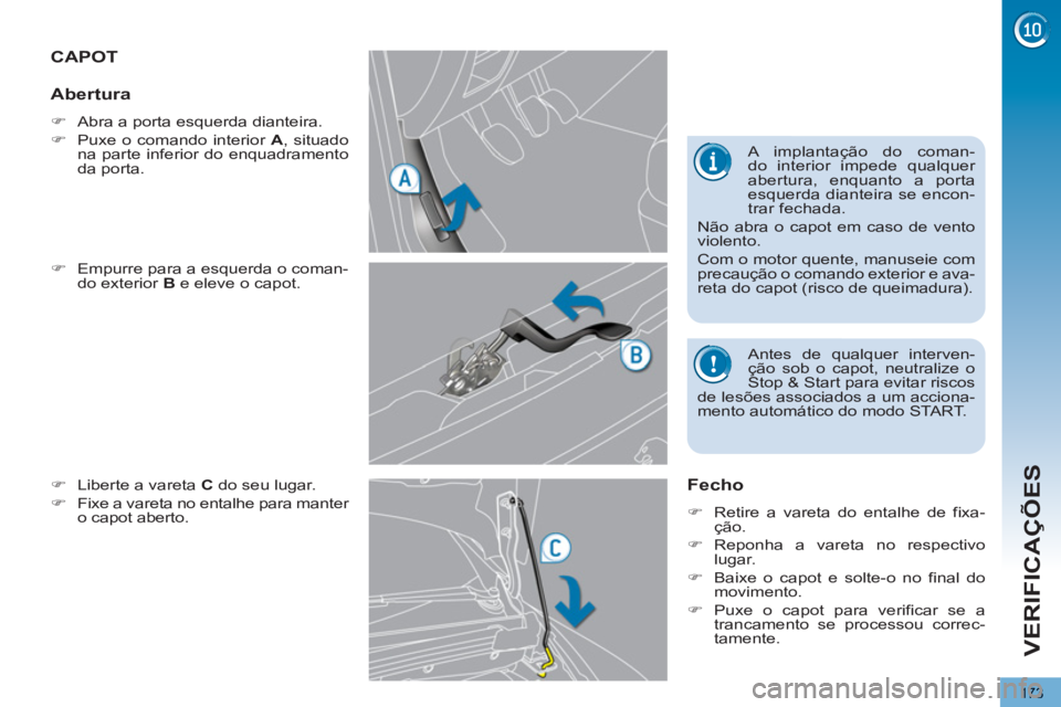 PEUGEOT 5008 2013  Manual de utilização (in Portuguese) VERIFICAÇÕES
173
CAPOT 
   
�) 
  Empurre para a esquerda o coman-
do exterior  B 
 e eleve o capot. 
   
�) 
  Liberte a vareta  C 
 do seu lugar. 
   
�) 
  Fixe a vareta no entalhe para manter 
o