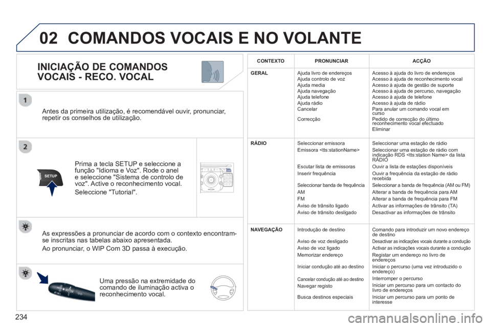 PEUGEOT 5008 2013 Manual de utilização (in Portuguese) 234
02
SETUP2ABC3DEF5JKL4GHI6MNO8TUV7PQRS9WXYZ0*#
1NAV TRAFFICADDR
BOOKSETUP
Antes da primeira utilização, é recomendável ouvir, pronunciar,
repetir os conselhos de utilização.
Prima a tecla PEUGEOT 5008 2013 Manual de utilização (in Portuguese) 234
02
SETUP2ABC3DEF5JKL4GHI6MNO8TUV7PQRS9WXYZ0*#
1NAV TRAFFICADDR
BOOKSETUP
Antes da primeira utilização, é recomendável ouvir, pronunciar,
repetir os conselhos de utilização.
Prima a tecla