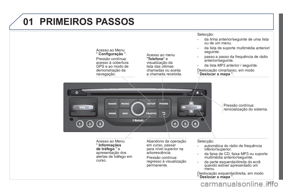 PEUGEOT 5008 2013 Manual de utilização (in Portuguese) 277
01
Selecção:- automática do rádio de frequênciainferior/superior. - da faixa de CD, faixa MP3 ou suporte multimédia anterior/seguinte.- da parte esquerda/direita do ecrãquando estiver PEUGEOT 5008 2013 Manual de utilização (in Portuguese) 277
01
Selecção:- automática do rádio de frequênciainferior/superior. - da faixa de CD, faixa MP3 ou suporte multimédia anterior/seguinte.- da parte esquerda/direita do ecrãquando estiver