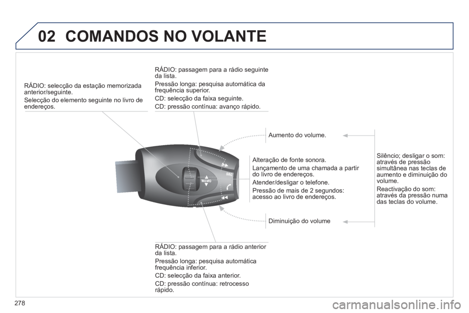 PEUGEOT 5008 2013 Manual de utilização (in Portuguese) 278
02COMANDOS NO VOLANTE
RÁDIO: selecção da estação memorizada
anterior/seguinte.
Selecção do elemento seguinte no livro de endereços.
Alteração de fonte sonora.
Lançamento de u PEUGEOT 5008 2013 Manual de utilização (in Portuguese) 278
02COMANDOS NO VOLANTE
RÁDIO: selecção da estação memorizada
anterior/seguinte.
Selecção do elemento seguinte no livro de endereços.
Alteração de fonte sonora.
Lançamento de u