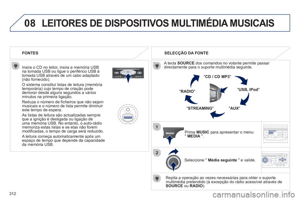 PEUGEOT 5008 2013 Manual de utilização (in Portuguese) 312
08LEITORES DE DISPOSITIVOS MULTIMÉDIA MUSICAIS
Insira o CD no leitor, insira a memória USB na tomada USB ou ligue o periférico USB à
tomada USB através de um cabo adaptado(não fornecido PEUGEOT 5008 2013 Manual de utilização (in Portuguese) 312
08LEITORES DE DISPOSITIVOS MULTIMÉDIA MUSICAIS
Insira o CD no leitor, insira a memória USB na tomada USB ou ligue o periférico USB à
tomada USB através de um cabo adaptado(não fornecido