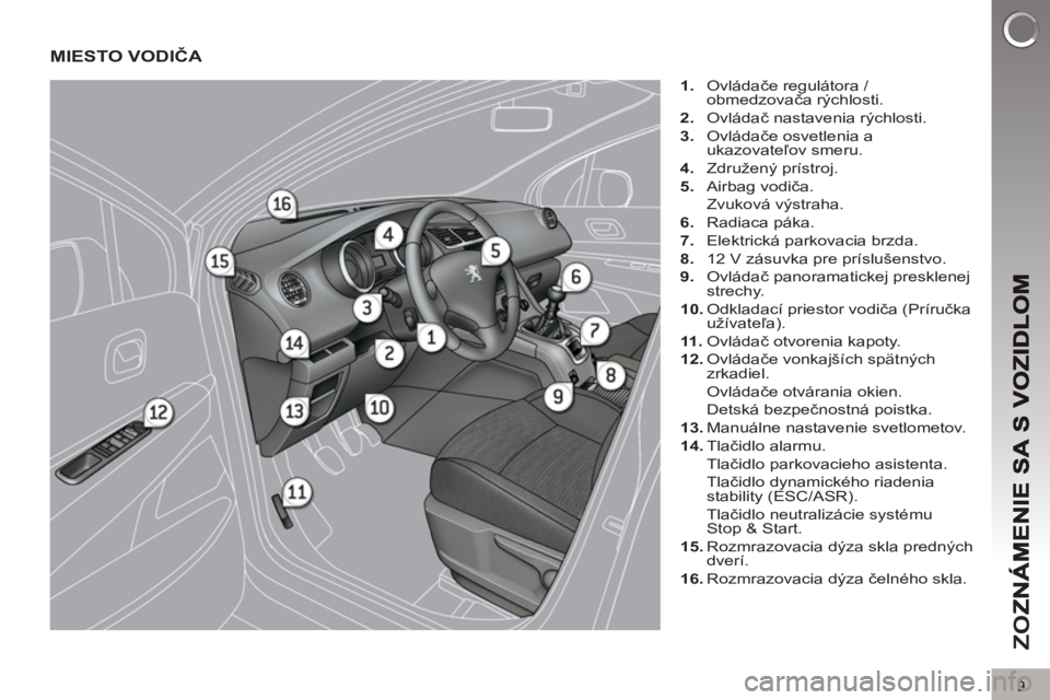 PEUGEOT 5008 2013 Návod na použitie (in Slovakian) ZO
Z
9
MIESTO VODIČA
1.
Ovládače regulátora /
obmedzovača rýchlosti.
2.
Ovládač nastavenia rýchlosti.
3.
Ovládače osvetlenia a
ukazovateľov smeru.
4.
Združ PEUGEOT 5008 2013 Návod na použitie (in Slovakian) ZO
Z
9
MIESTO VODIČA
1.
Ovládače regulátora /
obmedzovača rýchlosti.
2.
Ovládač nastavenia rýchlosti.
3.
Ovládače osvetlenia a
ukazovateľov smeru.
4.
Združ