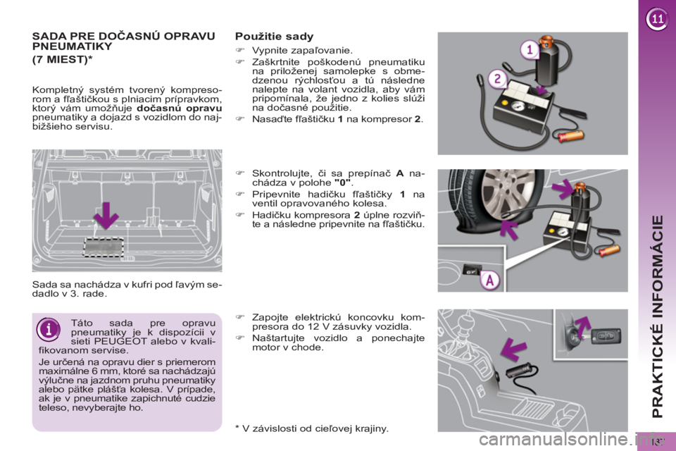PEUGEOT 5008 2013  Návod na použitie (in Slovakian) PRAKTICKÉ INFORMÁCIE
187
SADA PRE DOČASNÚ OPRAVU PNEUMATIKY 
 
Sada sa nachádza v kufri pod ľavým se-
dadlo v 3. rade. 
   
Použitie sady 
 
 
*  
 V závislosti od cieľovej krajiny.      
 
